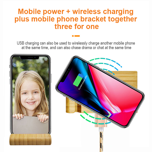 New private mould bamboo Bracket Power Bank with Wireless Charger LWS-2017